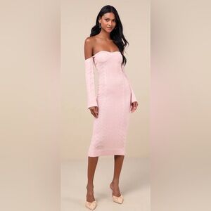 Cuddly Element Light Pink Cable Knit Off-the-Shoulder Midi Dress